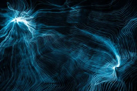 Abstract wave of digital weave lines connecting network dots and dark background Stock Photos