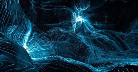 Abstract wave of digital weave lines connecting network dots and dark background Stock Photos