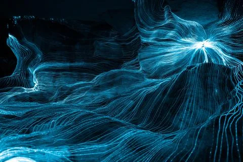 Abstract wave of digital weave lines connecting network dots and dark background Stock Photos