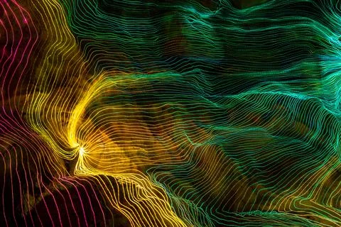 Abstract wave of digital weave lines connecting network dots and dark background Stock Photos