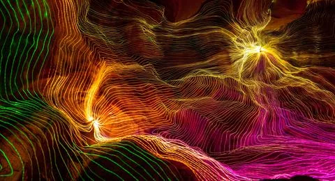 Abstract wave of digital weave lines connecting network dots and dark background Stock Photos