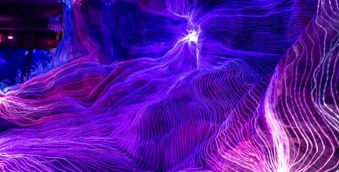 Abstract wave of digital weave lines connecting network dots and dark background Stock Photos