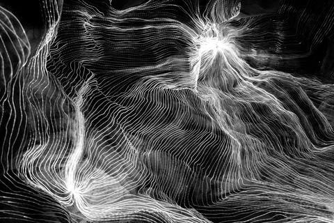 Abstract wave of digital weave lines connecting network dots and dark background Stock Photos