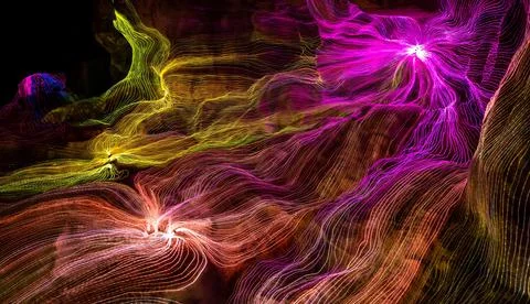 Abstract wave of digital weave lines connecting network dots and dark background Stock Photos