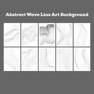 Abstract Wave Line Art Background Set, Minimal Fluid Curve Flow Line Design.. Stock Illustration
