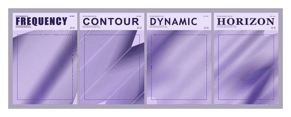 Abstract wave line posters featuring geometric grid patterns and purple typ.. Stock Illustration