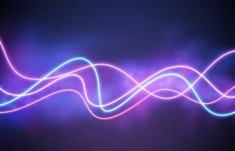 Abstract wave neon shape on pink smoke background. Vector glowing light lines Stock Illustration