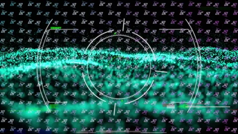 Abstract wave pattern with digital communication symbols and data processing Stock Footage 304853224