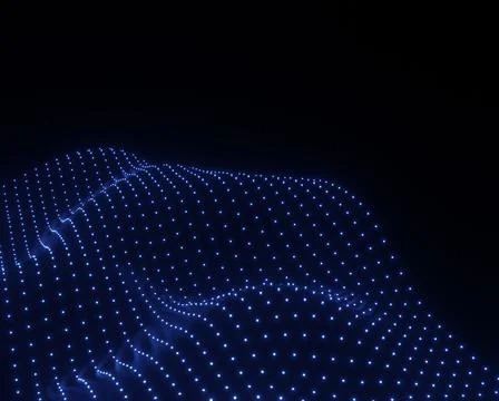 Abstract wave structured from many neon blue dots over black background. Stock Illustration