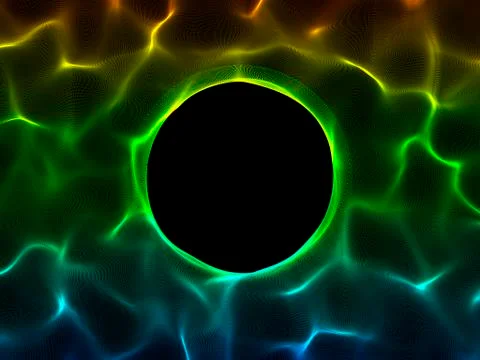 Abstract Wave surface of particles. Black background. Round hole. Stock Illustration