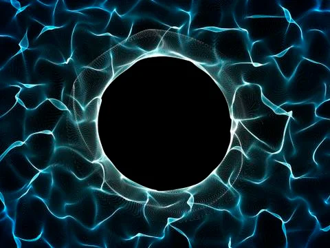 Abstract Wave surface of particles. Black background. Round hole. Stockillustratie