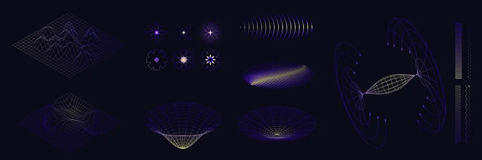 Abstract waveforms, geometric patterns, and physics-based wireframe structures 스톡 일러스트