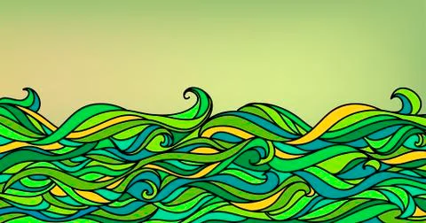Abstract waves background, vector blue green orange colorful hand-drawn patte Stock Illustration
