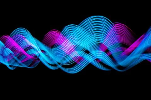 Abstract waves banner design. Technology neon blue and pink lines on black Stock Illustration