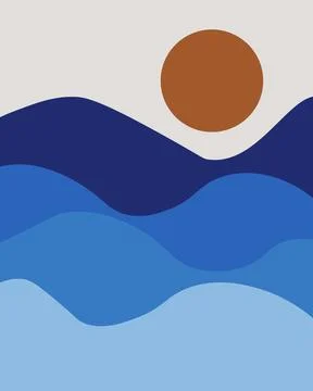 Abstract waves in blues and dark tones. Brown circle floats above gentle cu.. Stock Illustration