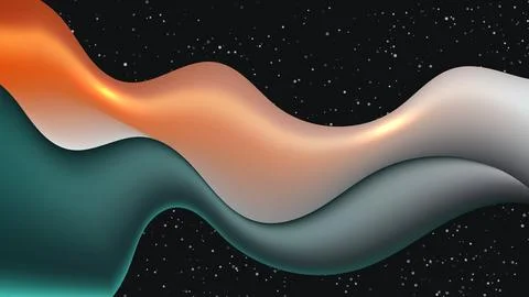 Abstract waves gradient orange teal glossy flow on dark starry cosmic backg.. Illustrazione stock