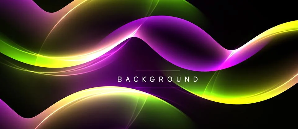 Abstract waves, vibrant colors, dynamic flow. Purple, green, yellow hues blen Stock Illustration