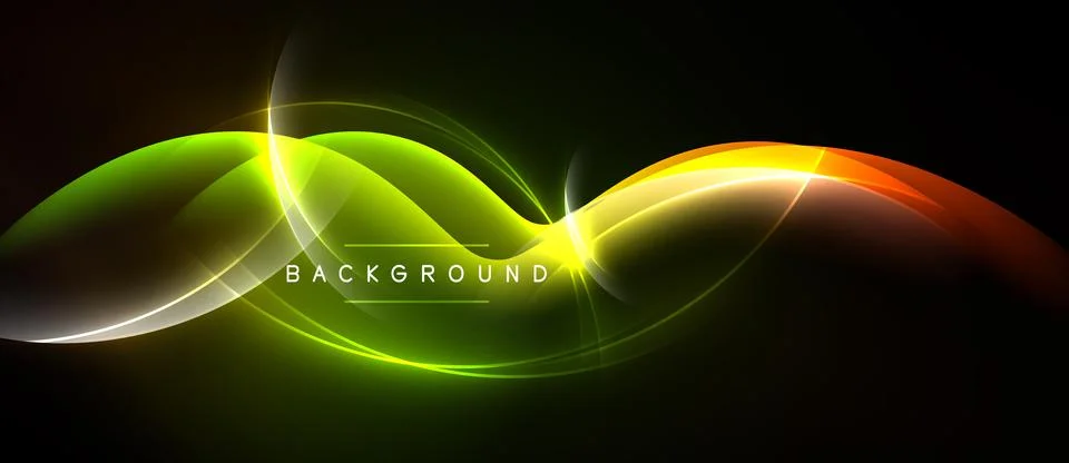 Abstract waves, vibrant colors, dynamic flow. Dark background emphasizes gl.. Stock Illustration