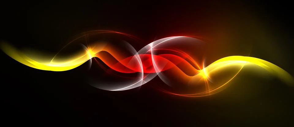 Abstract waves, vibrant colors, dynamic flow. Red, yellow, white light agains Stock Illustration
