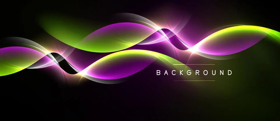 Abstract waves, vibrant colors, dynamic flow. Purple, green hues blend agains Illustrazione stock