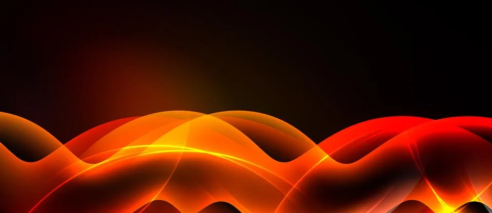 Abstract waves, vibrant orange, red hues dominate dark background. Smooth c.. Stock Illustration