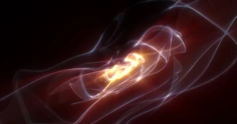 Abstract waves of yellow energy magic smoke and glowing lines on a black ba.. Stock Photos
