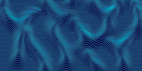 Abstract wavy 3d mesh on a blue background. Geometric dynamic wave. 3D techno Stock Illustration