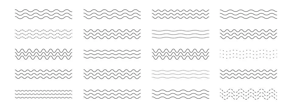 Abstract wavy and dashed line collection on white background. Elegant wavy .. Illustrazione stock