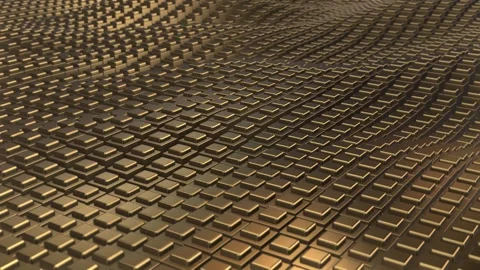 Abstract wavy field of smoothly moving golden blocks with realistic reflections Stock Footage 257057002