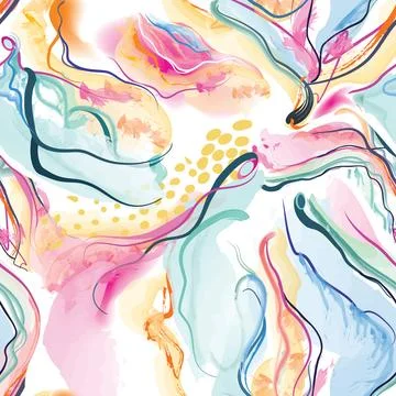 Abstract wavy lines seamless pattern. Spring organic watercolor texture Stock Illustration
