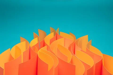 Abstract wavy paper strips in orange and yellow on a blue background Stock Illustration