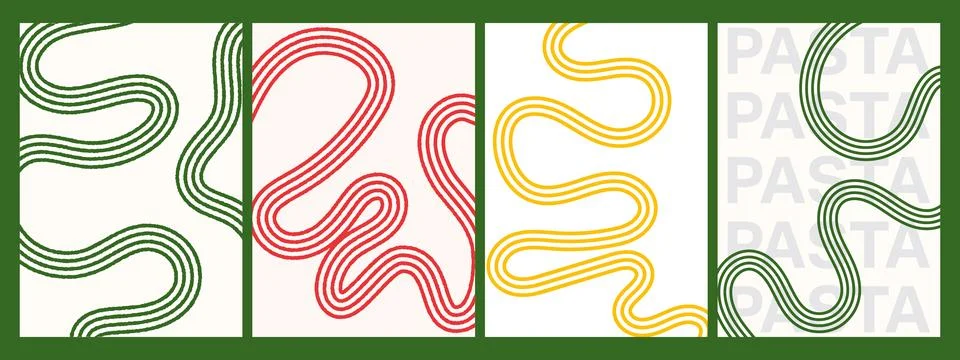 Abstract wavy pasta patterns with yellow spaghetti lines. Food posters for .. Stock Illustration