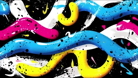 Abstract Wavy Ribbon Background With Blue Magenta Yellow Shapes on Black Stock Footage 315513183