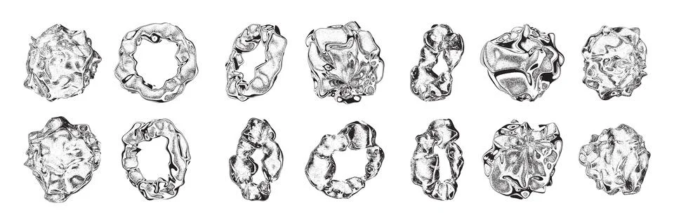 Abstract wavy sphere set, vector photocopy effect texture, retro futuristic 스톡 일러스트