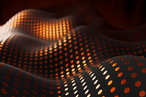 Abstract wavy surface with glowing orange dots creating a futuristic pattern. Illustrazione stock