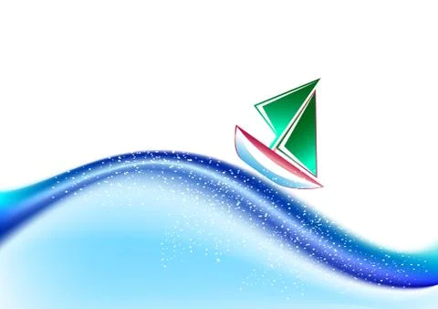 Abstract wavy vector backdrop with sailing boat. meshes used. Stock Illustration