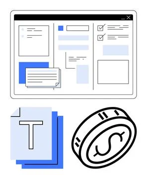 Abstract web interface with forms and checklist, document pages with text sym Illustrazione stock
