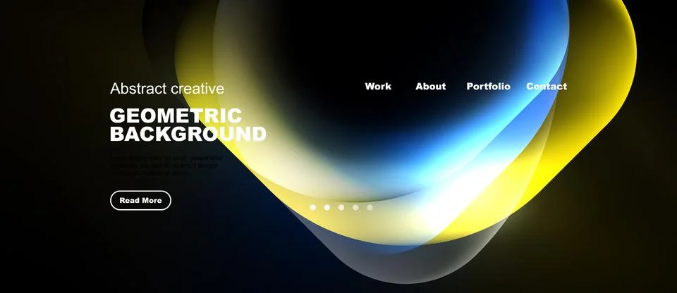 Abstract website design features flowing shapes, bold text, dark background. Stock Illustration