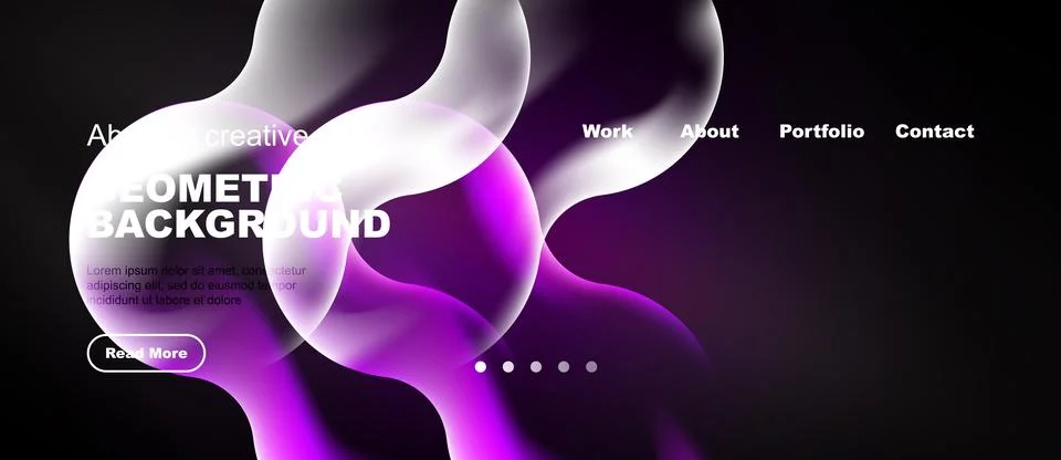 Abstract website design features fluid shapes, purple hues, text overlay, イラスト素材