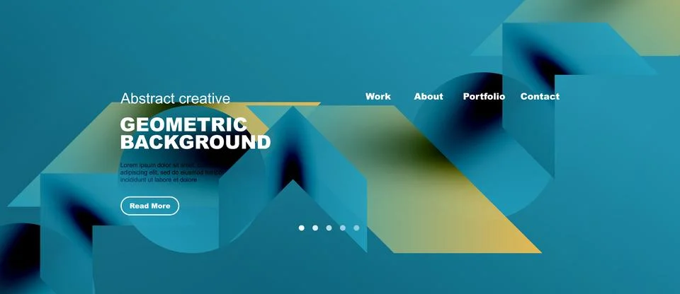 Abstract website design features fluid shapes, text overlay, navigation menu. Illustrazione stock