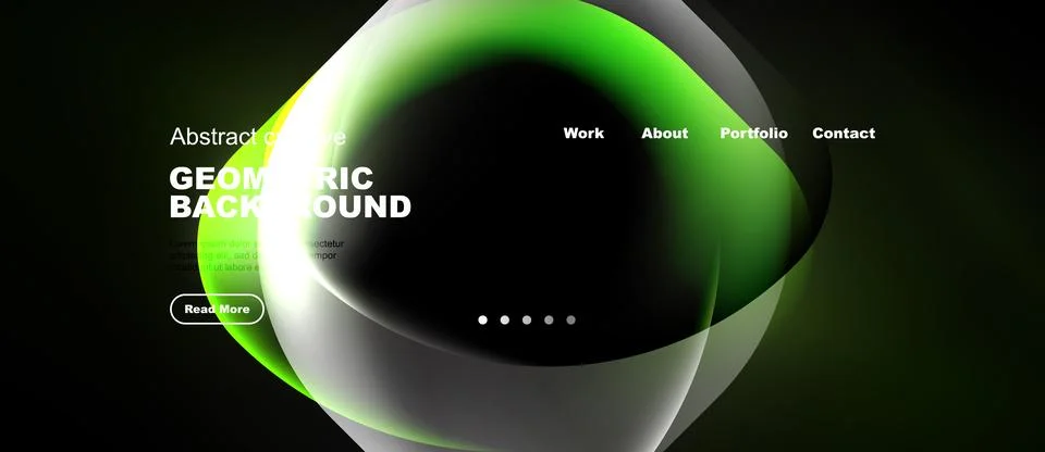 Abstract website design features geometric shapes, vibrant green hues, dark Stock Illustration