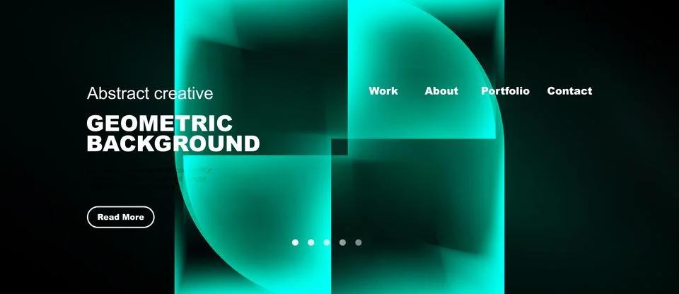 Abstract website design features geometric shapes, teal hues, navigation menu Stockillustratie