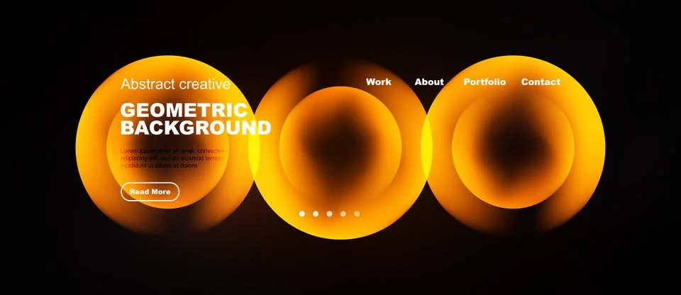 Abstract website design features orange circles, text, navigation. Dark Stock Illustration