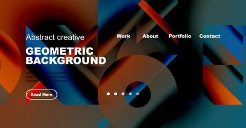 Abstract website design features vibrant geometric shapes, text overlay, Ilustración de archivo