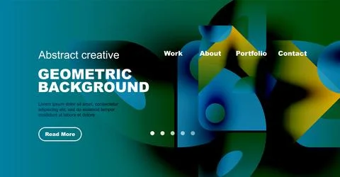 Abstract website design features vibrant geometric shapes, text, navigation menu Stock Illustration