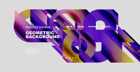 Abstract website design features vibrant geometric shapes, purple hues, text Stock Illustration