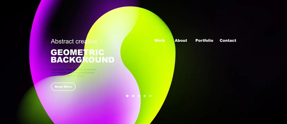 Abstract website design features vibrant fluid shapes, text elements, navig.. Illustrazione stock