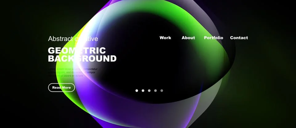 Abstract website design features vibrant overlapping circles. Text highlights Illustrazione stock