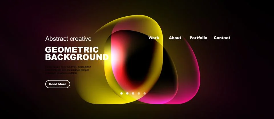 Abstract website design features vibrant overlapping shapes, text elements, イラスト素材