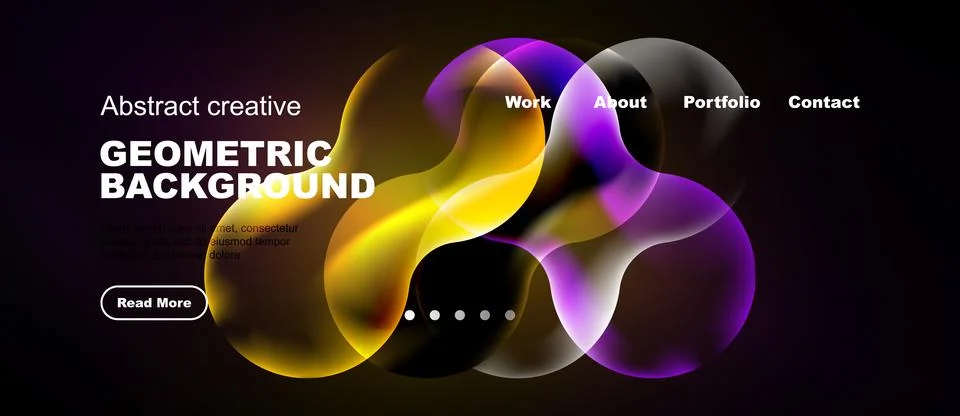 Abstract website design features vibrant overlapping shapes, text elements, Stock Illustration